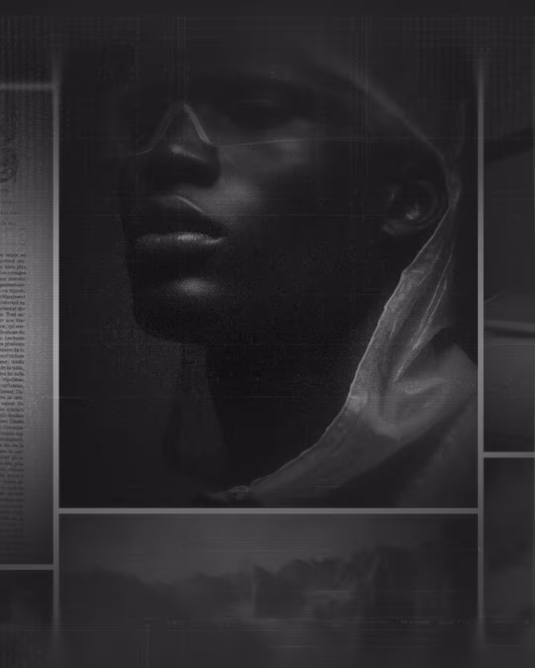 Black and white artistic portrait of a person wearing glasses and a hood, looking upward.