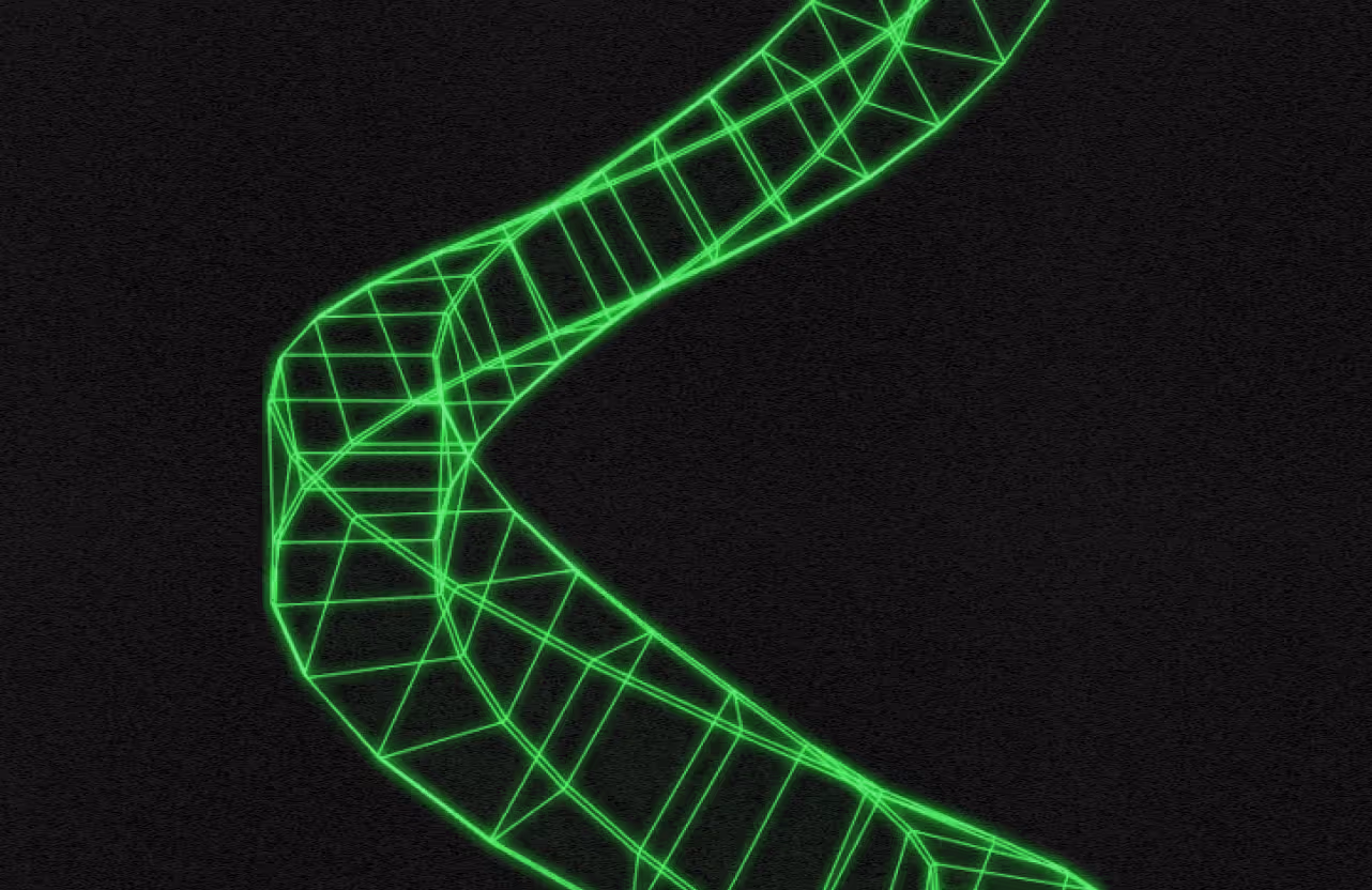 Glowing green wireframe 3D shape with angled branches on a black background.
