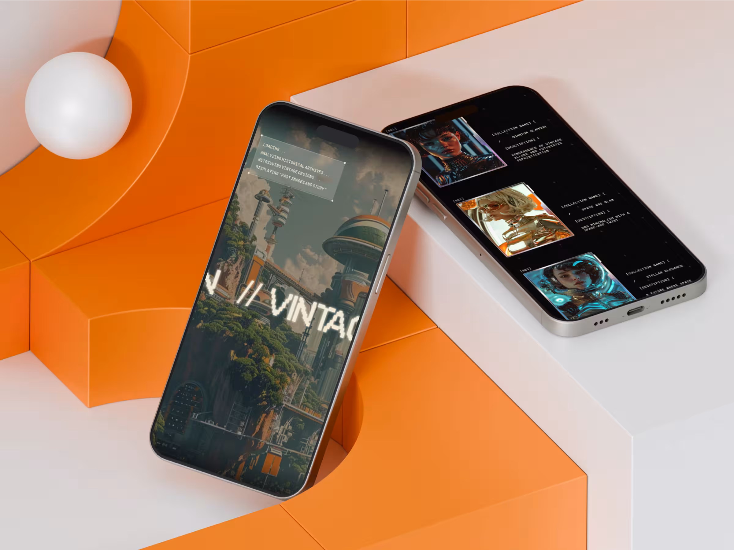 Two smartphones displaying futuristic vintage designs and digital fashion collections on an orange and white surface.