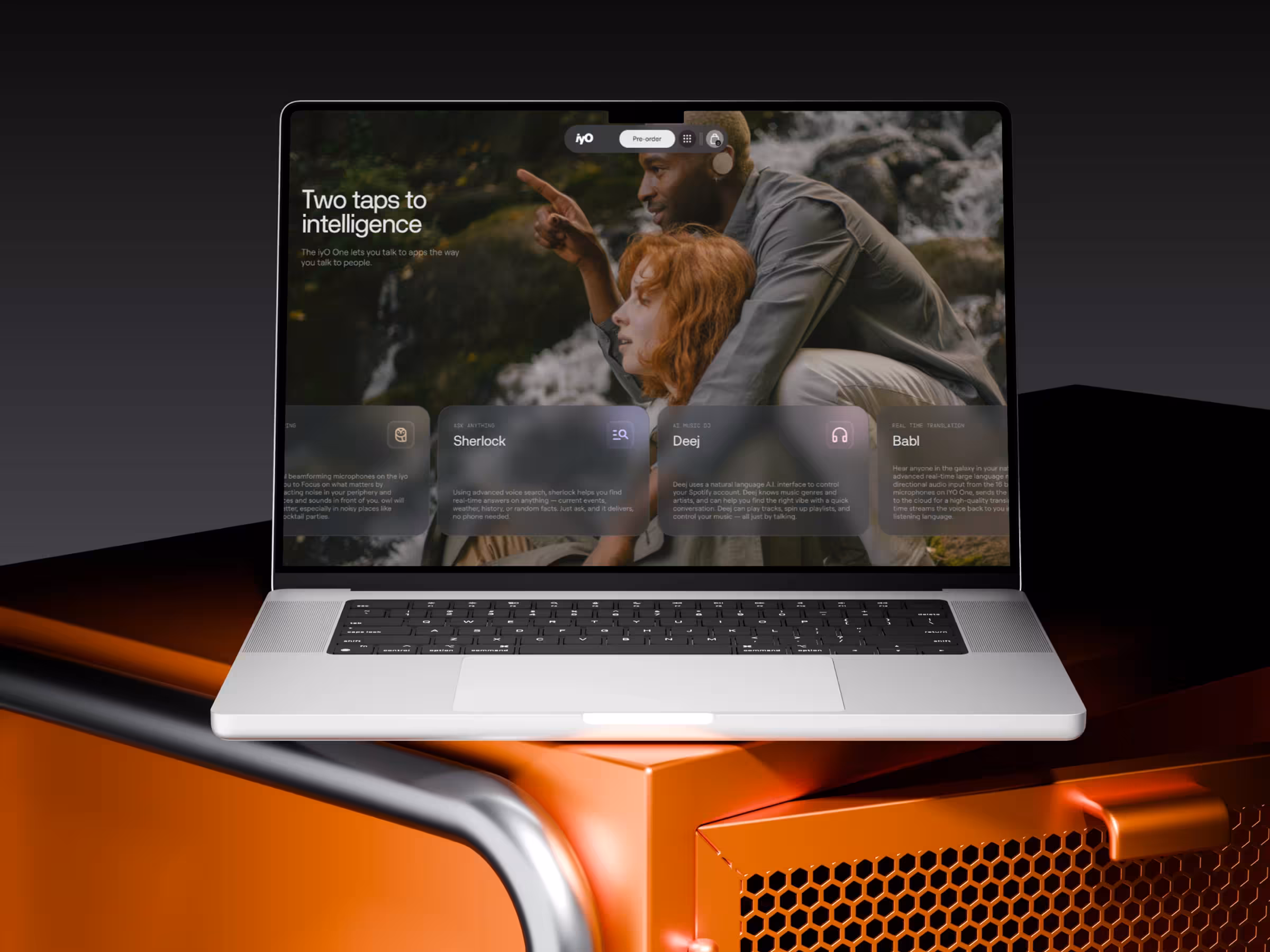 Laptop on orange cabinet shows an app interface with a man hugging a woman and text about AI apps.