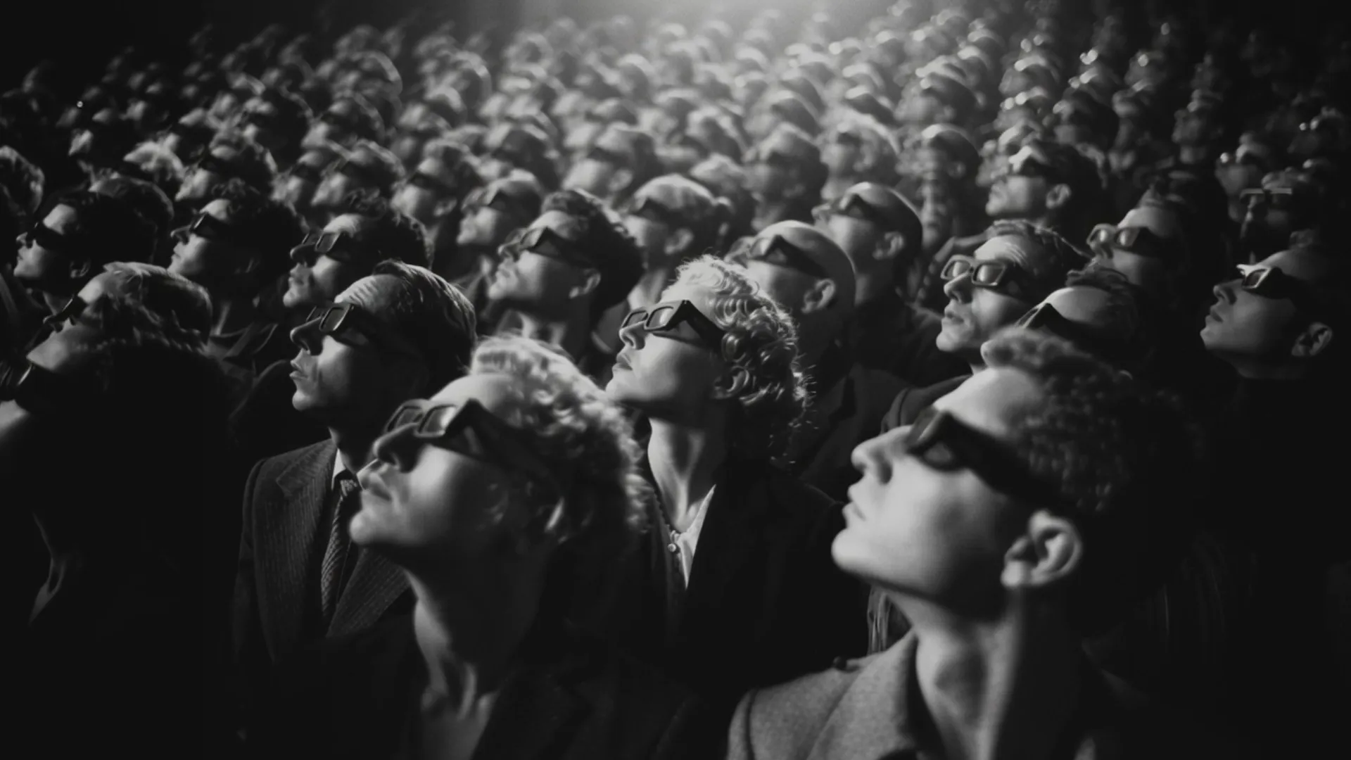 Black and white photo of a large crowd wearing 3D glasses and looking upward in unison.