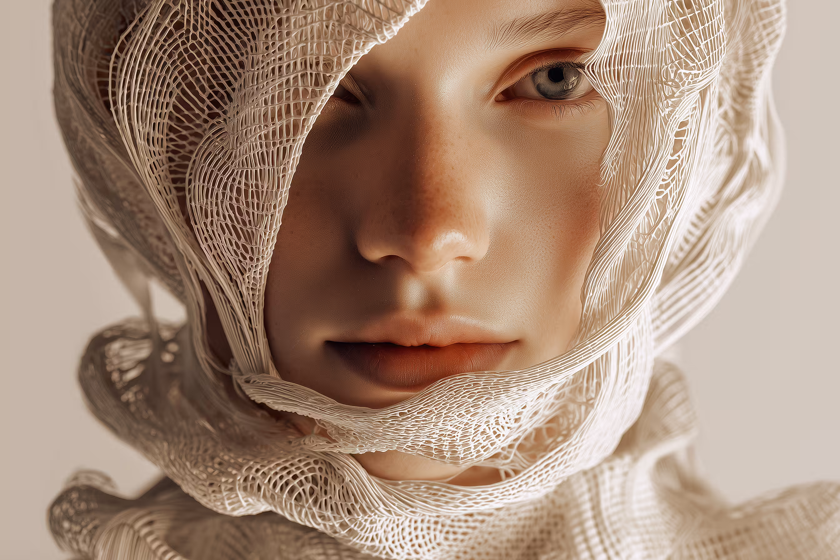 Close-up of serene face wrapped in delicate, translucent beige mesh fabric.