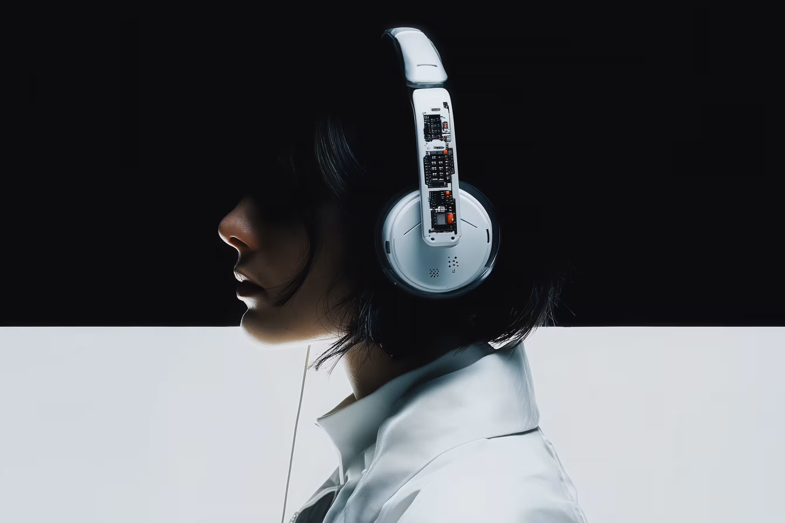 Side profile of a person wearing white headphones with visible electronic circuit parts.