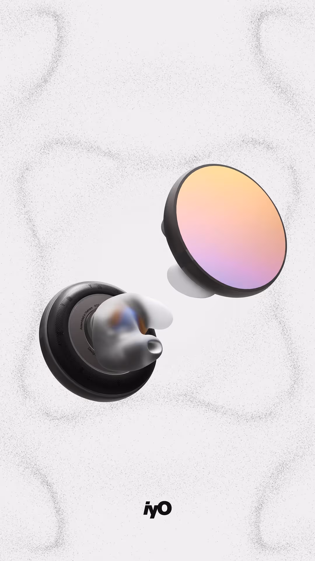 Wireless earbuds with black base and frosted translucent earbuds on a light textured background.