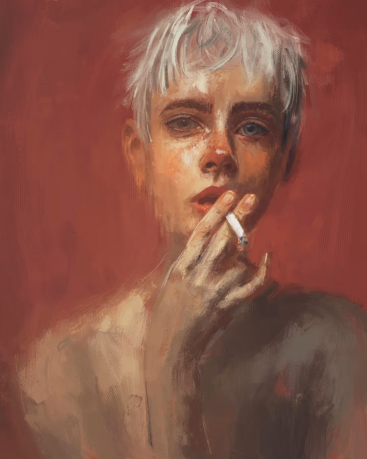 Portrait painting of a person with white hair holding a cigarette against a red background.