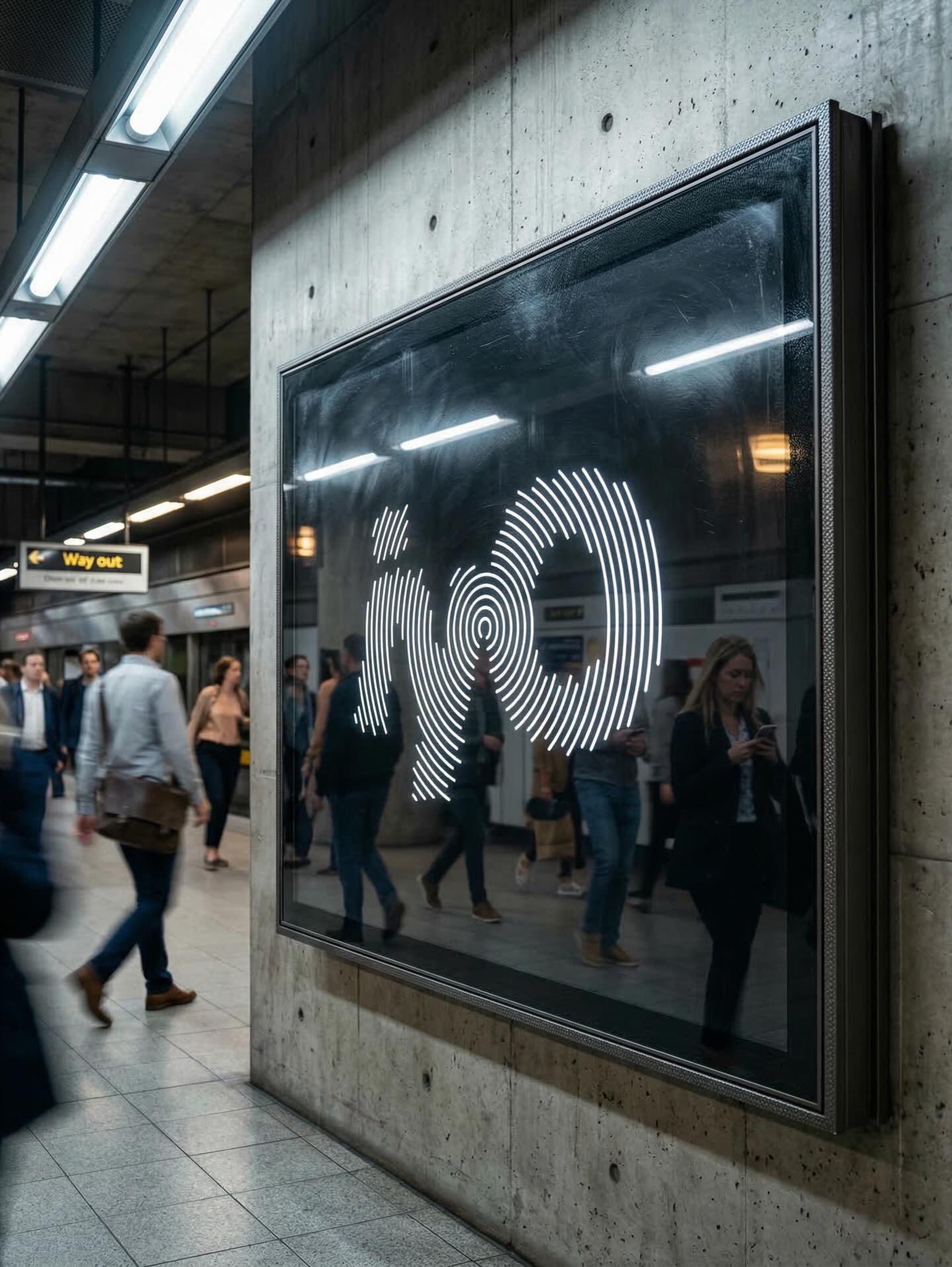 Framed digital display with concentric circles forming 'i&o' in a busy subway station.